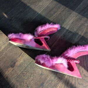 Vintage Y2K “Sky” Halo Platform Air Sandals – Wood & Hot Pink Fur – Size 6